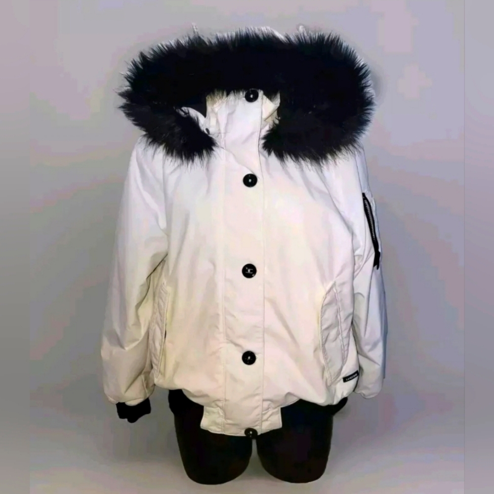 Lands End Womens M 10-12 White Insualted Ski Winter Coat Removable Faux-Fur Hood